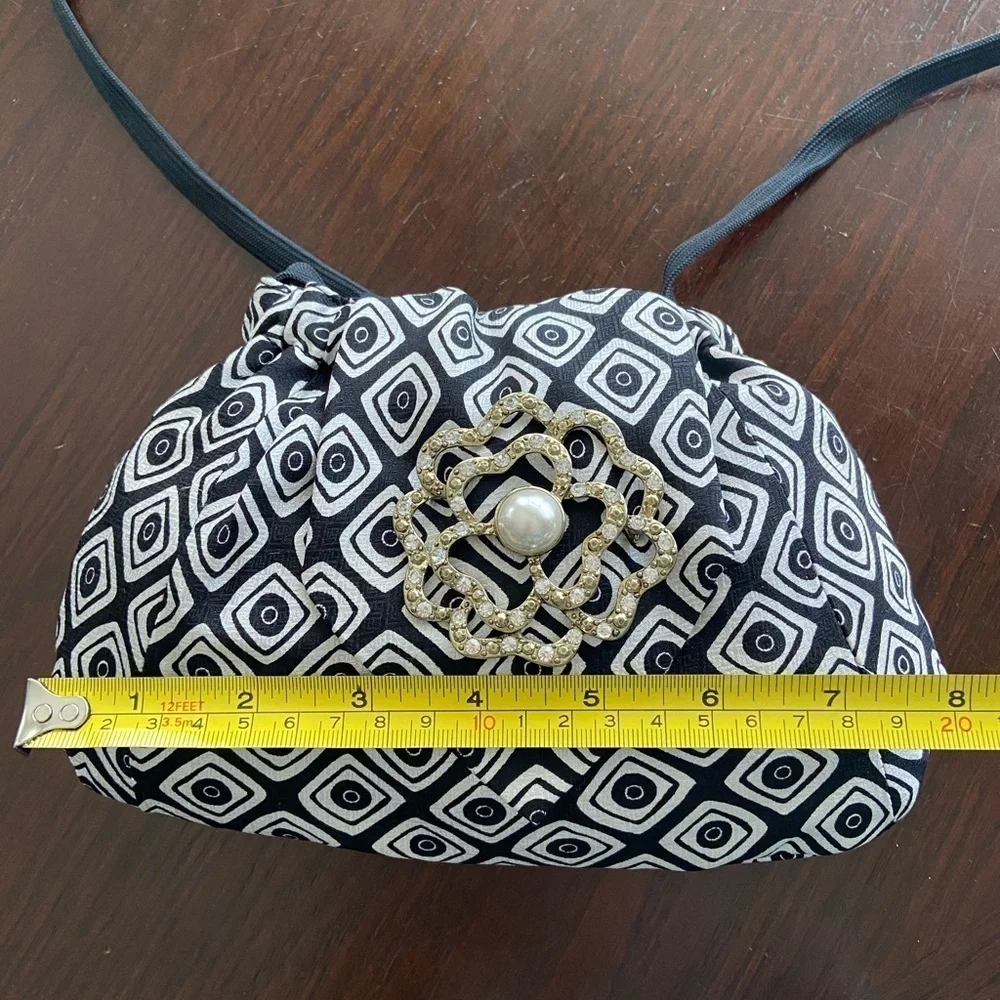 🖤 ALBERT NIPON Black & White Silk Geometric Patterned Evening Bag with Brooch